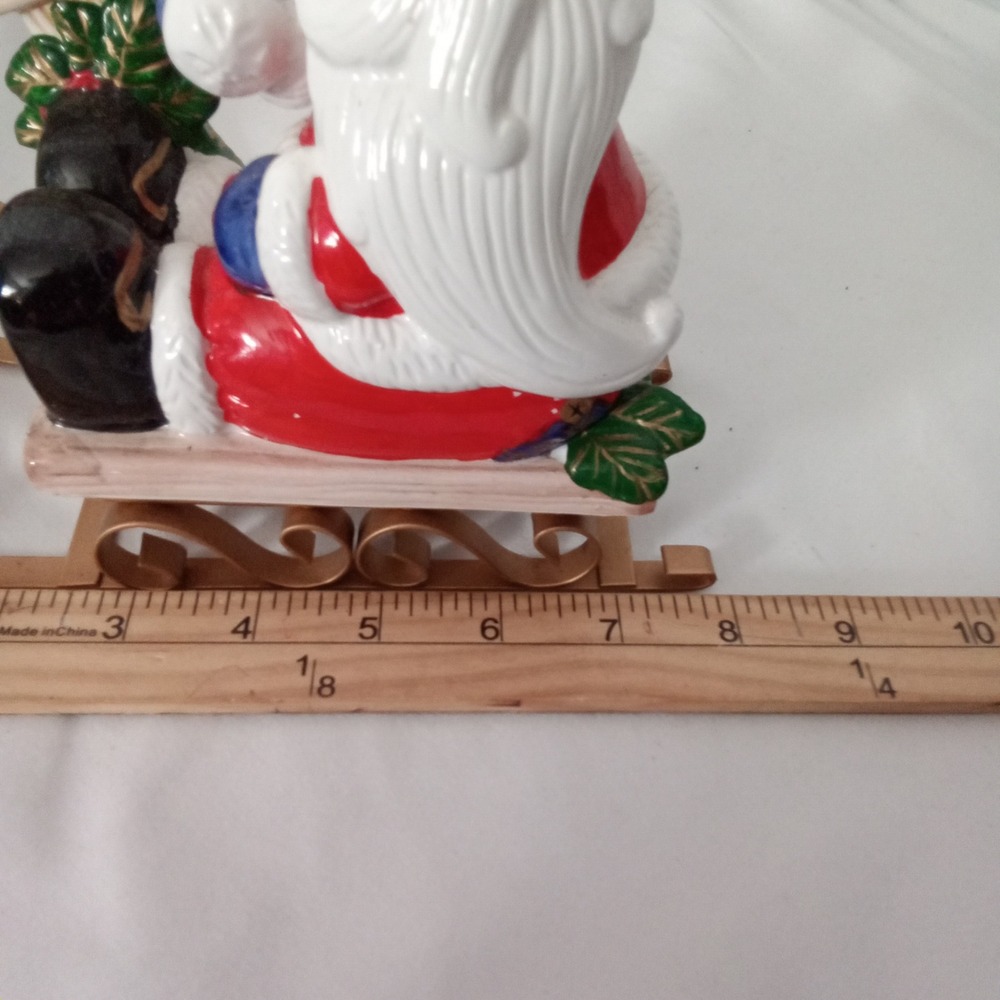 Vintage Style Ceramic Santa Claus on Gold Metal Sled Figurine Ho Ho Ho Sign 8in - Picture 5 of 7